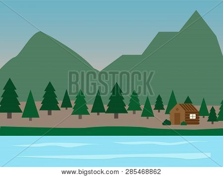 A Small House On The Bank Of The River In Mountain. Vector Landscape