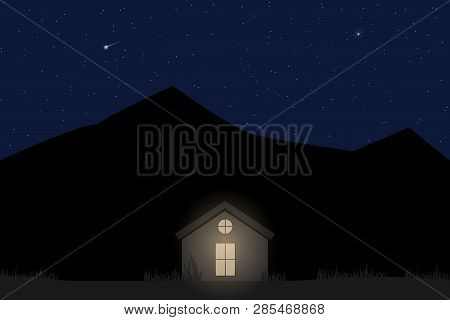 House Light In Mountain At Night. Vector Illustration.