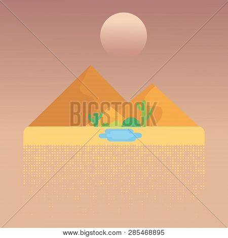 Desert Flat Design And Oasis With Cactus. Vector Illustration