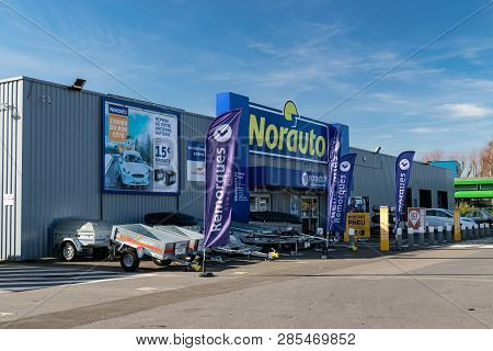Roncq,france-february 20,2019: Building Of A Norauto Car Service Station.norauto Is A French Based C