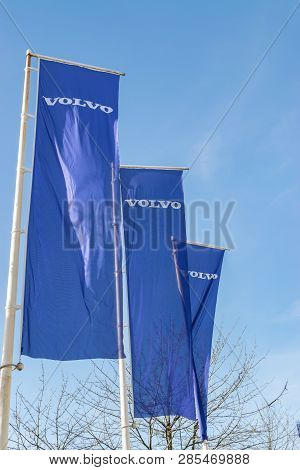 Roncq,france-february 20,2019:view Of The Volvo Brand Logo On The Flags.volvo Car Corporation Is A S