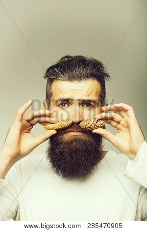 Handsome Young Man With Long Dark Haired Beard Holding Pinecones Near Face As Floral Moustache On Gr