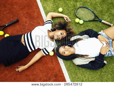 Young Pretty Girlfriends Hanging On Tennis Court, Fashion Stylish Dressed Swag, Best Friends Happy S