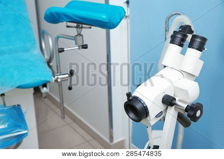 Modern Binocular Colposcope In Gynecological Clinic, Closeup