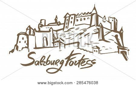Vector Hand Drawn Illustration Of Salzburg Fortress On White Background.