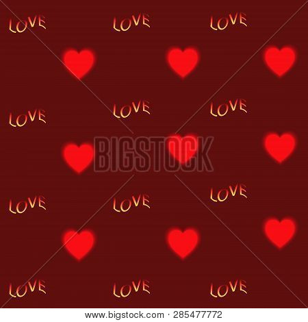 Heart And Text Love On Red Background . Vector Pattern