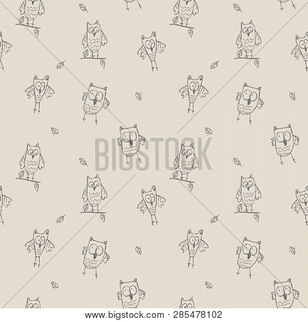 Doodle Pattern Owl, Seamless Pattern, Hand Drawing Cartoon Style