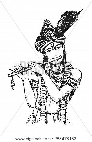 Vector Illustration Of Lord Krishna Playing Flute On Happy Janmashtami Holiday Indian Festival Greet