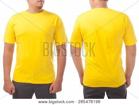 Yellow T-shirt Mock Up, Front And Back View, Isolated On White. Male Model Wear Plain Yellow Shirt M
