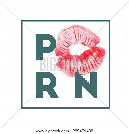 Pornograghy Sign Icon. Adults Only Content Symbol. White Flat Icon With Kiss Lips Print. Vector Illu