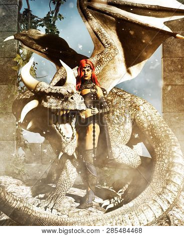 A Female Warrior With A Dragon,fantasy 3d Rendering For Book Cover Or Book Illustration