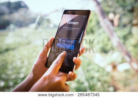 Chiang Mai, Thailand - Jan. 19,2019: Woman Holding Huawei With Vimeo On Screen.  Vimeo Is A Video-sh