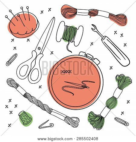 Cross Stitch Tools Embroidery Accessories Vector Illustration Design Set For Sewing Handmakers, Prin