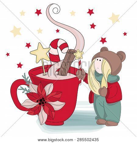 Cup Of Christmas Tilda Doll Merry Christmas And New Year Cartoon Vector Illustration Set For Print, 