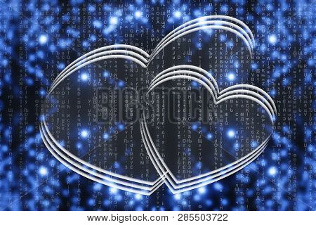 Two Virtual Hearts On Blue Matrix Background Close-up. Virtual Space With Two Painted Hearts. Virtua