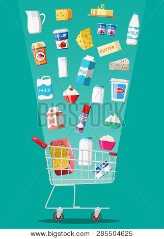 Milk Products Set In Plastic Shopping Cart With Cheese, Cottage And Butter. Dairy Food. Tradicional 