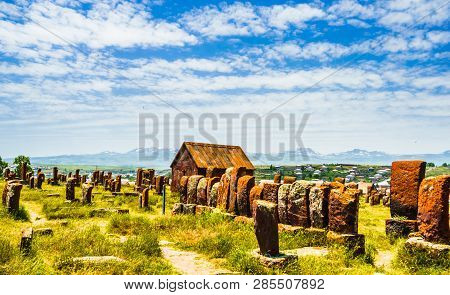 Ancient Tombstones On Cemetery Of Noratus In Armenia, Near The Lake Sevan In Armenia