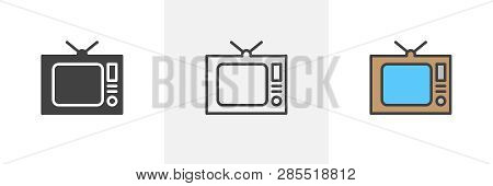 Old Tv Icon. Line, Glyph And Filled Outline Colorful Version, Retro Television Antenna Outline And F