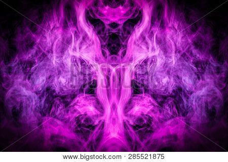 Thick Colorful Smoke Of Blue, Pink In The Form Of A Skull, Monster, Dragon On A Black Isolated Backg