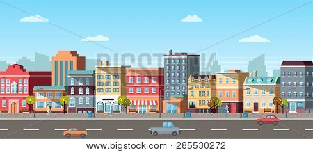Urban Landscape With Infographic Elements. Modern City, Running Cars On Road, Going Pedestrians, Col