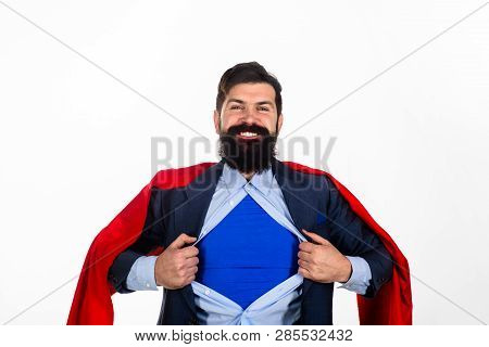 Super Businessmen In Red Cape Showing Blue Shirt. Save The World. Superhero. Red Superman Cape. Safe