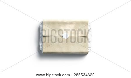 Blank White Adhesive Round Sticker On Craft Wrapping Paper Mockup, 3d Rendering. Empty Kraft Deliver