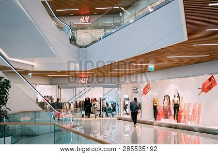 Tbilisi, Georgia - November 22, 2018: People Walking Near H M Hennes Mauritz Store In Shopping Mall 
