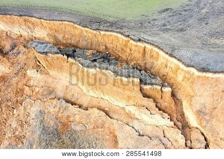 Panoramic View Bird's-eye View. Mountain Landslide In An Environmentally Hazardous Area. Large Crack