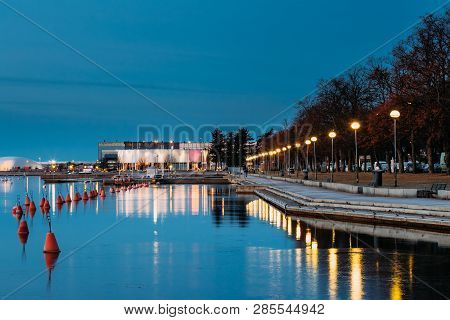 Helsinki, Finland. Night View Of City Park Meripuisto. Street Promenade At Blue Hour