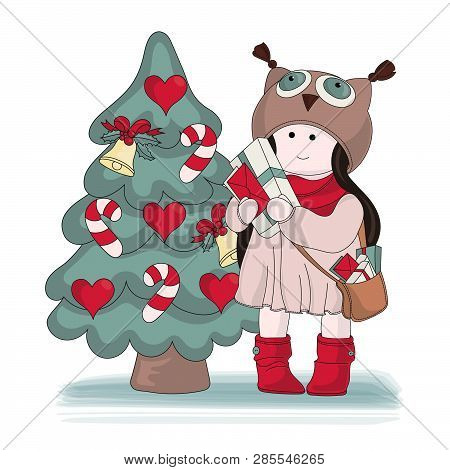 Gifts For Girl Tilda Doll Merry Christmas And New Year Cartoon Vector Illustration Set For Print, Fa