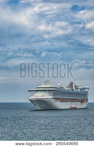 Helsingborg, Sweden - July 15, 2009: The Luxury Cruise Ship Grand Prinsess Sits Anchored Off Shore A