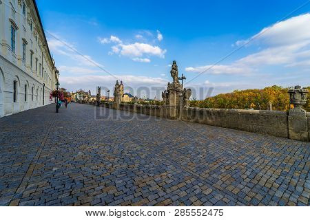 Kutna Hora, Czech Republic - October 26, 2018: Pedestrian Street (terrace) Barborska And Jesuit Coll
