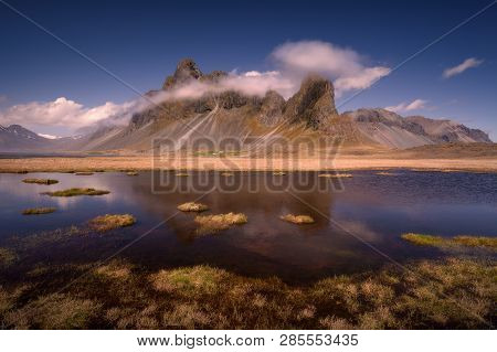 Iceland Landscape Photo Of Eystrahorn Impressive Mountains At Beautiful Idyllic Day.