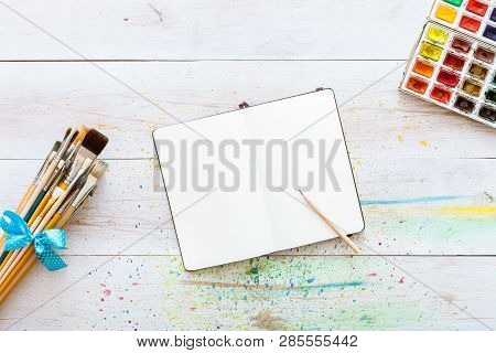 Creative Artistic Background Design Workspace, Notebook Flat Lay Mock Up For Artwork With Watercolor