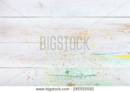 White Wooden Background With Paint Splashes, Creative Wood Blank Empty Table Desk Plank Board. Water