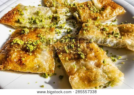 Close Up Traditional Turkish Dessert Katmer With Pistachio In Plate