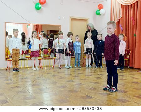 Gomel, Belarus - February 22, 2019: Matinee In Kindergarten Dedicated To The Day Of The Soviet Army.