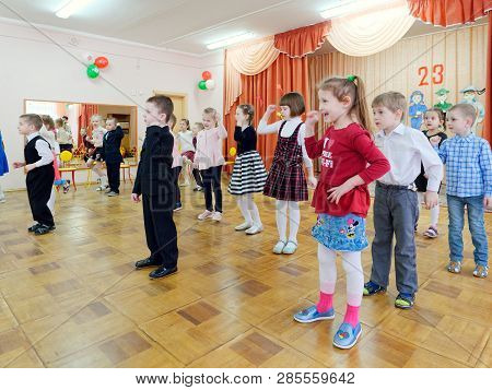 Gomel, Belarus - February 22, 2019: Matinee In Kindergarten Dedicated To The Day Of The Soviet Army.