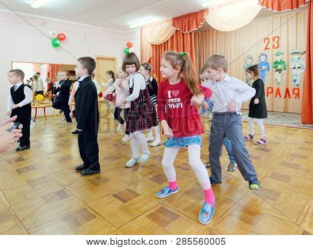 Gomel, Belarus - February 22, 2019: Matinee In Kindergarten Dedicated To The Day Of The Soviet Army.
