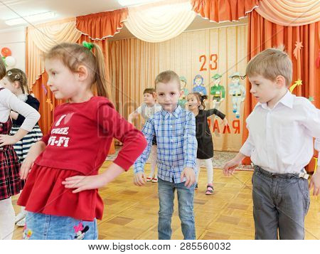 Gomel, Belarus - February 22, 2019: Matinee In Kindergarten Dedicated To The Day Of The Soviet Army.