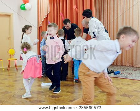 Gomel, Belarus - February 22, 2019: Matinee In Kindergarten Dedicated To The Day Of The Soviet Army.