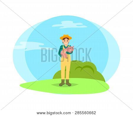 Farmer Woman And Pig In Hands. Female Tending Animals, Breeding Of Swines. Person Surrounded By Natu