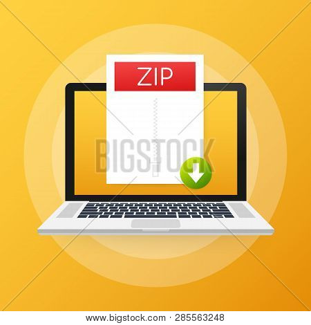 Download Zip Button On Laptop Screen. Downloading Document Concept. File With Zip Label And Down Arr