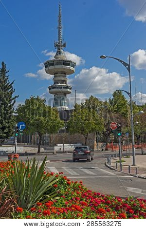 Thessaloniki, Greece - September 30, 2017: Ote Tower And Flowers Gardens In Front In City Of Thessal