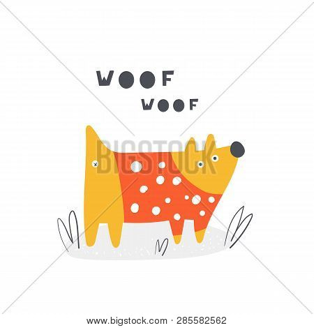 Cute Doodle Woof Dog For Kids. Card, Postcard, Print, Poster With Funny Puppy