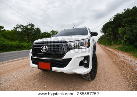 Bangkok Thailand - July 27 2018 : New Toyota Hilux Revo Rocco White Pickup  Truck Offroad Car Double