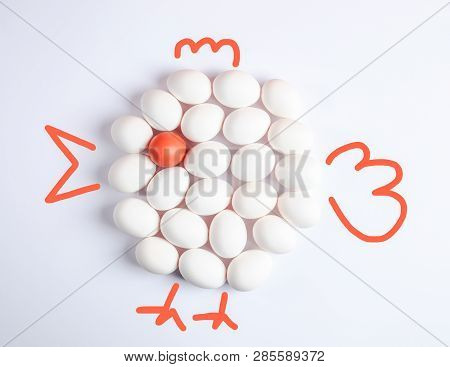 Eggs In Form Of Funny Little Chicken With Painted Legs, Beak, Scallop And Tail.