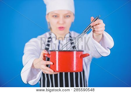Use Hand Whisk. Whipping Cream Tips And Tricks. Woman Professional Chef Hold Whisk And Pot. Start Sl