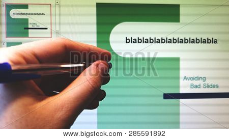 Hand With Pen Indicates The Screen With Slides Presentation Program Slideshow .