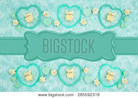 Teal Frame Hearts, Teddy Bears And Rose Buds On Pale Teal Rose Plush Fabric Background With Ribbon T